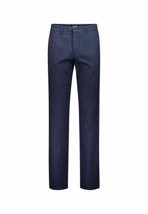 Men's straight-leg dark blue trousers with belt loops, front button, and zip closure, displayed on a white background.
