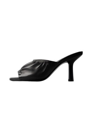 Black leather open-toe mule with ruched upper and slim mid-height stiletto heel, shown from a side view on white background.