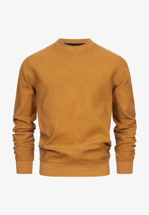 Hořčicově žlutý svetr s texturovaným žebrovaným vzorem, kulatým výstřihem a dlouhými rukávy. Má přiléhavý spodní lem a manžety pro pohodlné nošení.