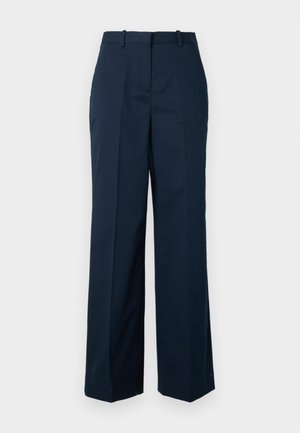 Tumši zili, stilizēti bikses ar taisna silueta kājām, ar krokotu priekšpusi, sānu kabatām un gludu kokvilnas maisījuma audumu.