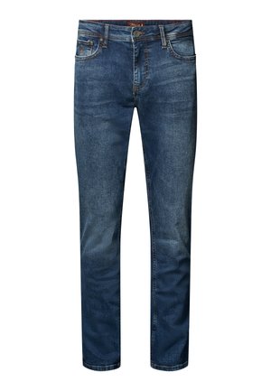 Slim-fit blauwe denim jeans met een vervaagde afwerking, vijf zakken en een knoopsluiting. Bevat contrasterend stiksel en een recht gesneden design.