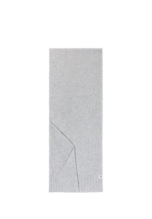 Light gray rectangular knit scarf with folded corner and small white fabric tag near the bottom edge on a white background.