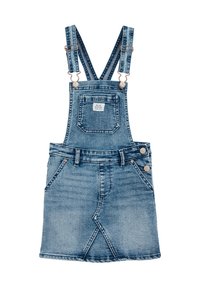 Denim overall obleka v svetlo modri barvi, ki ima nastavljive naramnice, sprednji žep in prilega pasu s širokim robom. Teksturovana tkanina.