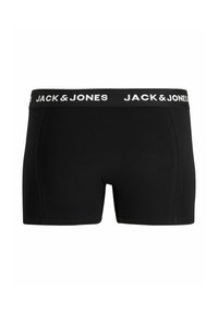 Schwarze Boxershorts aus Baumwolle mit einem breiten Taillenbund und dem weißen "JACK & JONES"-Logo. Glatte Textur, figurbetontes Design.
