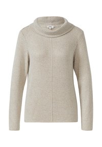 Beżowy sweter z dekoltem typu cowl, z teksturowanym, kratkowanym wzorem. Długie rękawy i luźny fason, wykonany z miękkiego materiału.