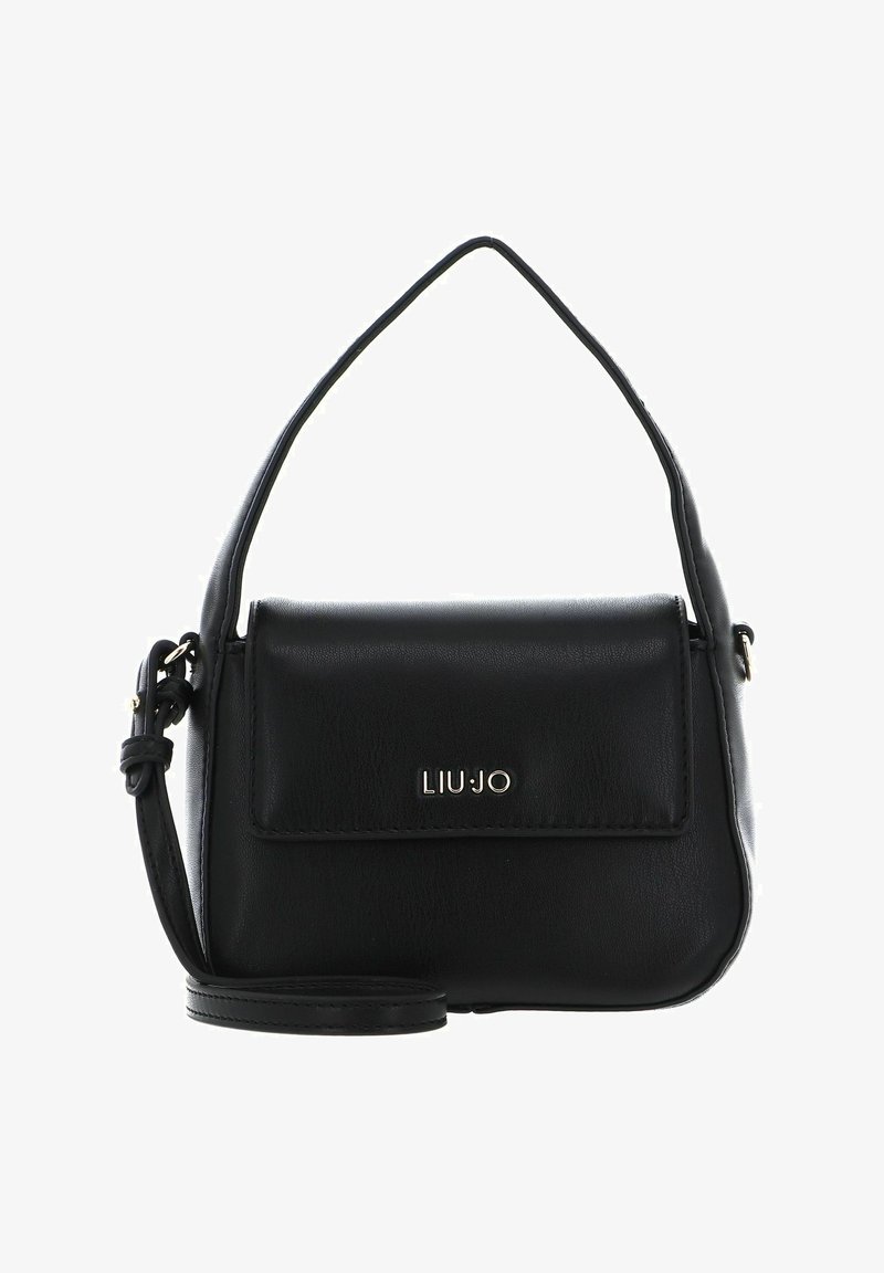 Sac à main en cuir noir au design structuré, doté d'un rabat avant, d'une bandoulière et d'un détail logo en métal. Texture lisse.