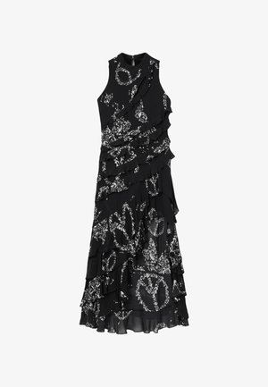 Zwarte mouwloze jurk met witte bloemenpatronen, gelaagde ruches en een vloeiende silhouet, gemaakt van lichtgewicht stof.