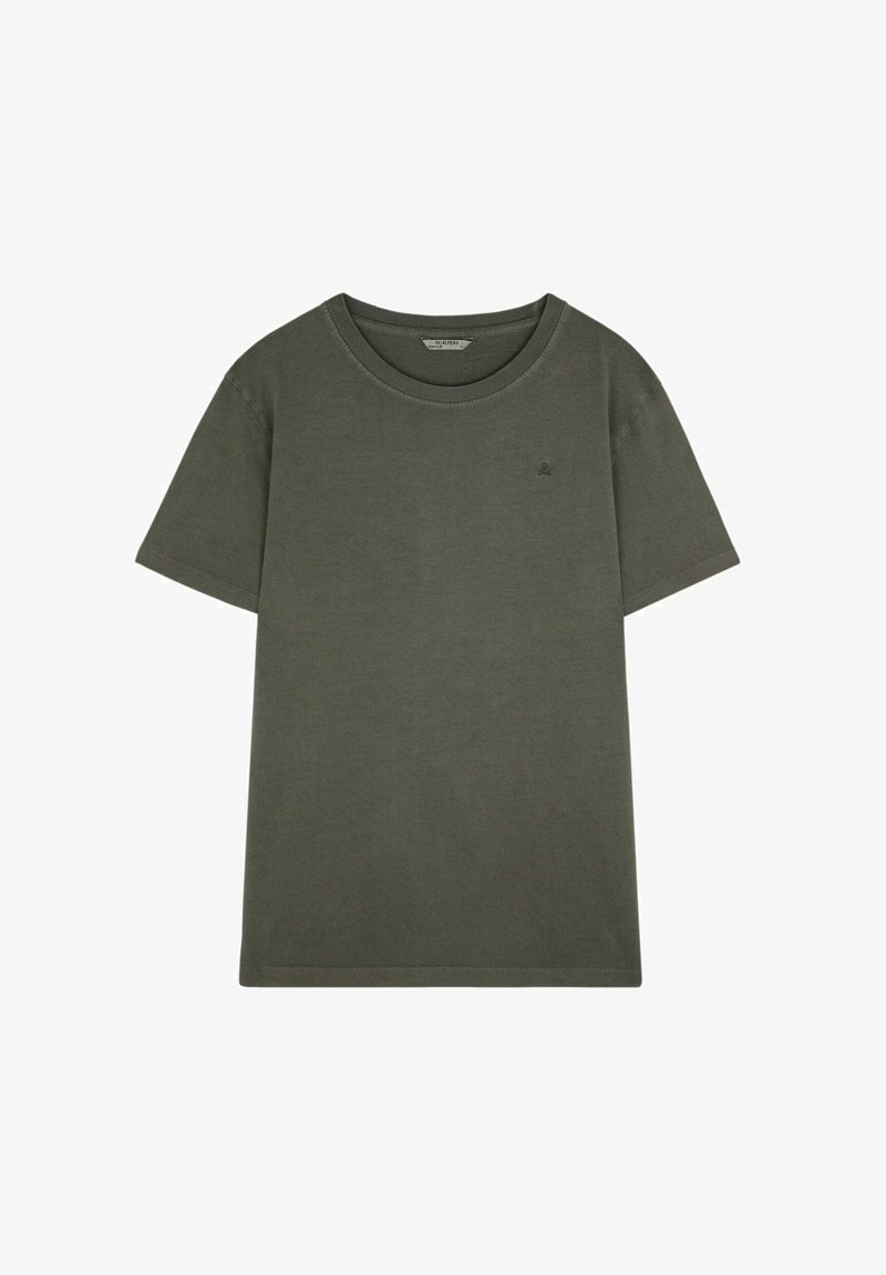 T-shirt corto a maniche corte verde scuro con collo tondo, dotato di un piccolo logo ricamato sul lato sinistro del petto.