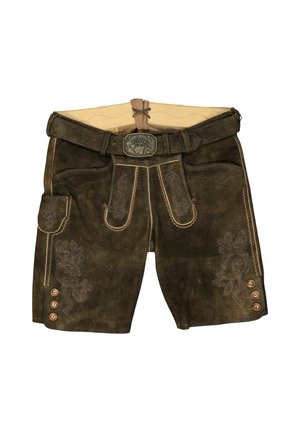 Mørkebrun traditionelle lædershorts med broderi, frontklap, sidelomme, knapper på benene og bælte med hjortehovedspænde.