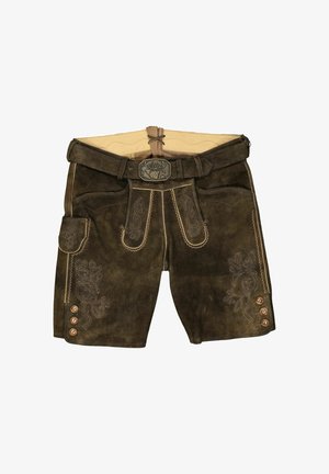 Dunkelbraune traditionelle Lederhose mit Stickerei, Frontklappe, Seitentasche, Knöpfen an den Beinen und Gürtel mit Hirschkopf-Schnalle.
