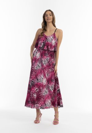 Roze dierenprint maxi-jurk met een gerimpelde laag aan de bovenkant en verstelbare spaghettibandjes. Lichtgewicht stof, zwierige silhouet, enkel-lang.