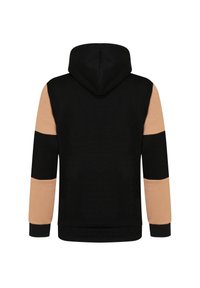 Felpa nera con accenti beige sulle maniche e sulle spalle. Tessuto morbido, polsini a coste e grande cappuccio.