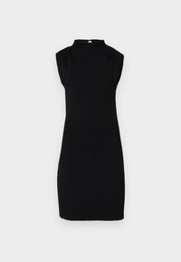 Melna bez piedurknēm kleita līdz ceļiem ar augstu kakla izgriezumu un mazu pogu aizdari uz vienkrāsaina baltā fona.