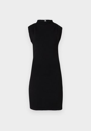 Ärmelloses schwarzes knielanges Kleid mit hohem Halsausschnitt und einem kleinen Knopfverschluss hinten auf einem schlichten weißen Hintergrund.