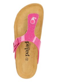 Rosa glittrig flip-flop sandal med en glänsande ovandel och justerbar spänne, med en naturlig färgad texturerad fotbädd och logotyp.