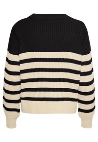 Svart och krämrandig ribbad tröja med rund halsringning, med breda horisontella ränder och en croppad passform. Mjuk känsla och avslappnad stil.