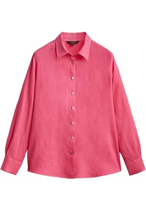 Long-sleeve pink button-up shirt with a pointed collar and cuffed sleeves, displayed flat on a white background.