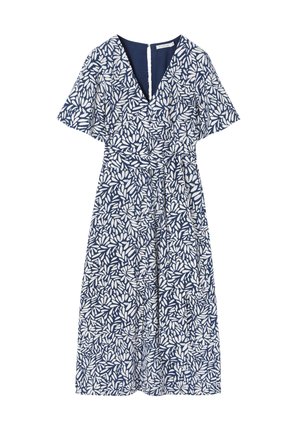 Námořnické šaty s bílým listovým vzorem, krátké rukávy, výstřih do V, stahovaný pas a zipový uzávěr vzadu. A-liniová silueta, délka po kolena.