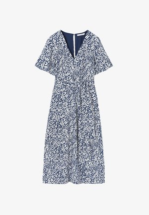 Námořnické šaty s bílým listovým vzorem, krátké rukávy, výstřih do V, stahovaný pas a zipový uzávěr vzadu. A-liniová silueta, délka po kolena.