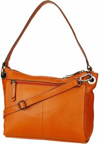 Orangefarbene Lederhandtasche mit strukturierten Oberflächen, verstellbarem Schultergurt, Reißverschlussverschluss und einer Reißverschlusstasche auf der Vorderseite.