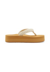 Woven cream straps over a tan platform sole, featuring a thick, textured appearance and an overall flat design for casual wear.
