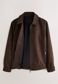 Brown suede jacket with collar, front zipper partially open, and zippered side pockets, displayed on a neutral background.
