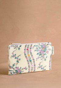 Floral-patterned zip pouch with a cream background, featuring colorful flower and leaf designs in pink, blue, and green. Textured fabric.
