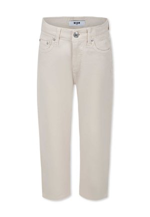 Shorts en denim beige avec une coupe droite, cinq poches, fermeture à bouton en métal et branding discret à l'avant. Texture lisse et design classique.