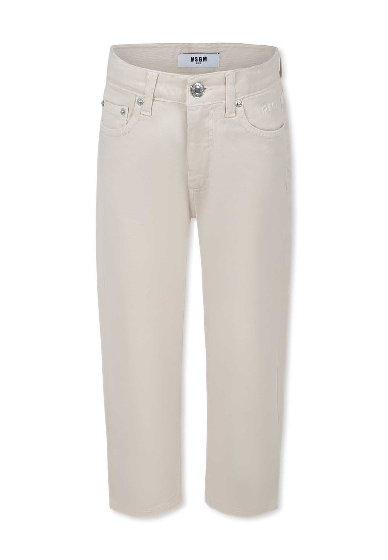 Shorts en denim beige avec une coupe droite, cinq poches, fermeture à bouton en métal et branding discret à l'avant. Texture lisse et design classique.