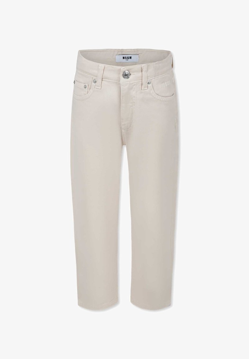 Beige denim shorts med lige snit, fem lommer, metalknaplukning og diskret branding foran. Glat tekstur og klassisk design.