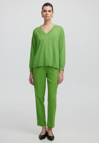Grüner gestrickter Pullover mit V-Ausschnitt, kombiniert mit grünen maßgeschneiderten Hosen. Das Ensemble hat einen lässigen Schnitt und einen glatten, strukturierten Stoff.