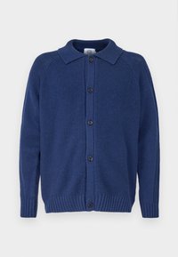 Knitted navy cardigan with a collared neckline, button closure, ribbed cuffs and hem, featuring a textured fabric and raglan sleeves.