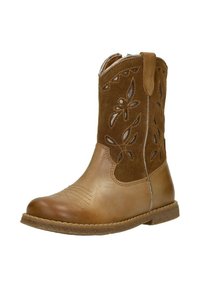 Brown leather ankle boot with suede upper, floral cut-out detailing, almond toe, and textured stitching on the toe. Flat sole.