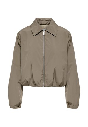 Taupe krátka bunda s dlhými rukávmi, špicatým golierom a strieborným predným zipsovým zapínaním.