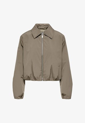 Taupe Cropped-Jacke mit langen Ärmeln, spitzem Kragen und silbernem Reißverschluss vorn.