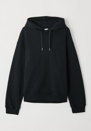 Black hoodie made of soft cotton blend. Features a drawstring hood, ribbed cuffs, and hem, with a subtle logo on the chest.