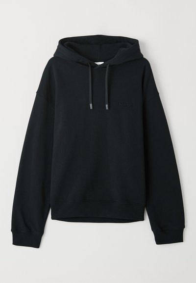 Black hoodie made of soft cotton blend. Features a drawstring hood, ribbed cuffs, and hem, with a subtle logo on the chest.