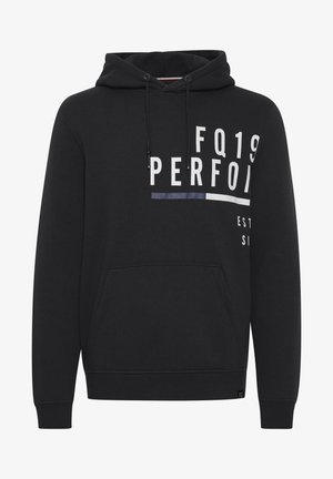 Must värvi puuvillasegune kapuutsiga pusa, millel on ees tasku, nööriga kapuuts ja eesmine graafika valge ja sinise värviga. Ribatud varrukaotsad ja alumine äär.