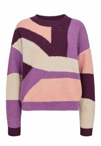 Maglione lavorato a maglia con blocchi di colore geometrici in viola, rosa e crema. Girocollo, maniche lunghe e una texture morbida.