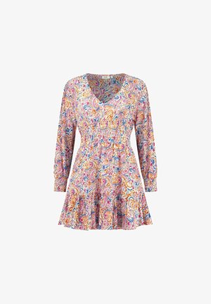 Barevné šaty s potiskem, výstřihem do V, dlouhými rukávy a nabíraným pasem. Vyrobeno z lehké tkaniny s rozšířenou sukni.