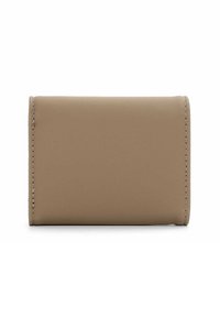 Beige wallet made of smooth synthetic material, featuring rounded edges, minimal stitching, and a compact rectangular shape.