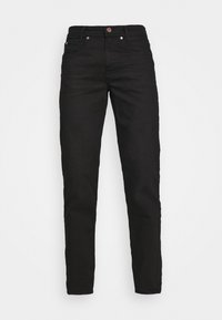 Jeans de mezclilla negra con un diseño ajustado, que cuentan con cinco bolsillos, un cierre de botón y sutiles detalles de costura en las costuras.