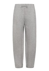 Pantaloni de trening gri, dintr-un material moale, cu talie cu șnur, picioare îngustate și o textură subtilă melanj. Croială normală.