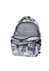 Grijze rugzak met een kattenpatroon aan de buitenkant, een hoofdcompartiment met ritssluiting en gewatteerde schouderbanden. De binnenkant is gevoerd met grijze stof.