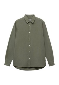 Groene langslavige shirt van katoen, met een knoopsluiting aan de voorkant, kraag en een gebogen zoom. Effen textuur zonder zichtbare patronen.