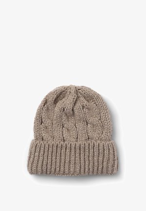 Czapka z dzianiny w jasnym beżu z prążkowanym mankietem i teksturowanym wzorem. Wykonana z miękkiego włókna, z delikatnymi metalicznymi akcentami.