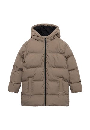 Veste matelassée beige avec capuche, dotée d'une fermeture éclair sur toute la longueur à l'avant, de deux poches latérales et d'une doublure intérieure noire. Texture lisse et matelassée.