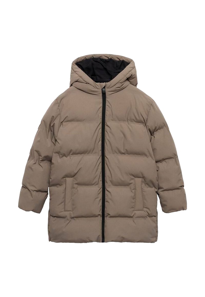 Jachetă puffer bej cu glugă, având un fermoar frontal complet, două buzunare laterale și o căptușeală interioară neagră. Textură netedă, matlasată.