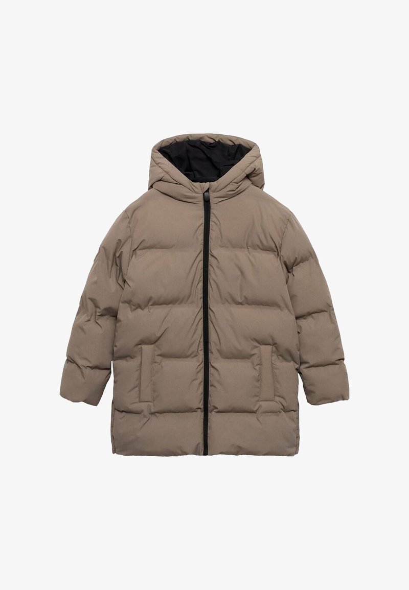 Béžová zateplená bunda s kapucňou, so zapínaním na zips po celej dĺžke, dvoma bočnými vreckami a čiernou podšívkou. Hladká, prešívaná textúra.