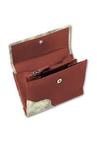 Red leather wallet with a textured silver accent, featuring multiple compartments, a zippered section, and a snap closure.